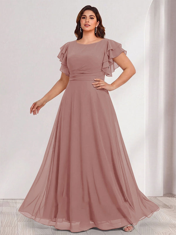 A-Line/Princess Scoop Short Sleeves Floor-Length Plus Size Bridesmaid Dresses with Ruffles & Ruched