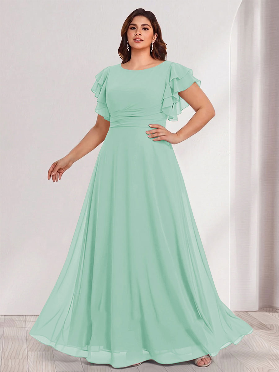 A-Line/Princess Scoop Short Sleeves Floor-Length Plus Size Bridesmaid Dresses with Ruffles &amp; Ruched