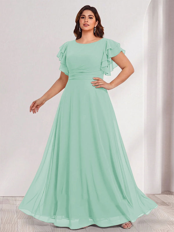 A-Line/Princess Scoop Short Sleeves Floor-Length Plus Size Bridesmaid Dresses with Ruffles & Ruched