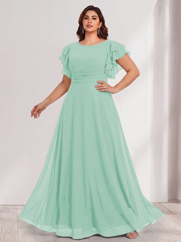 A-Line/Princess Scoop Short Sleeves Floor-Length Plus Size Bridesmaid Dresses with Ruffles &amp; Ruched