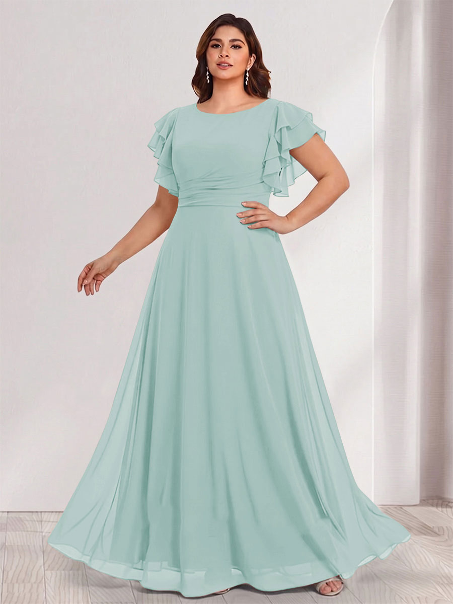 A-Line/Princess Scoop Short Sleeves Floor-Length Plus Size Bridesmaid Dresses with Ruffles &amp; Ruched
