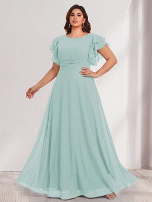 A-Line/Princess Scoop Short Sleeves Floor-Length Plus Size Bridesmaid Dresses with Ruffles & Ruched