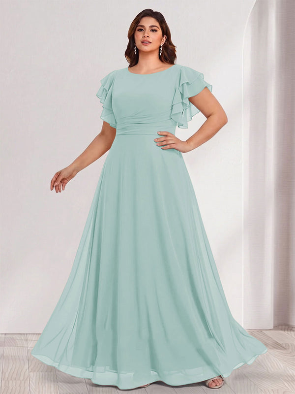 A-Line/Princess Scoop Short Sleeves Floor-Length Plus Size Bridesmaid Dresses with Ruffles & Ruched
