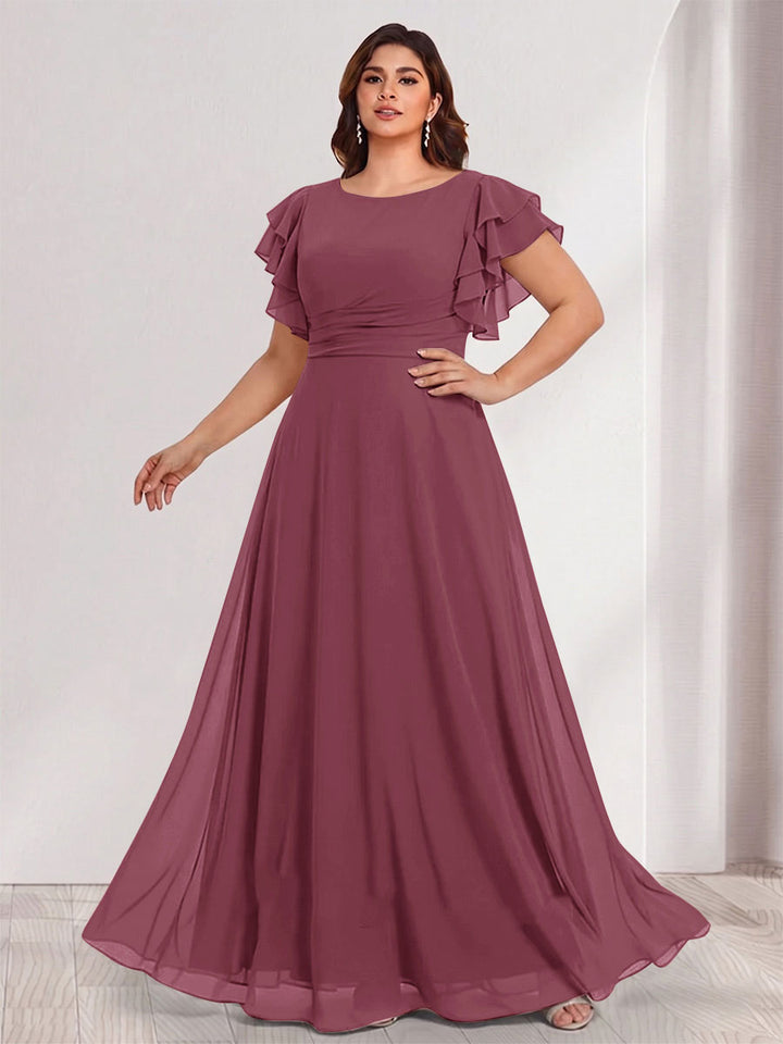 A-Line/Princess Scoop Short Sleeves Floor-Length Plus Size Bridesmaid Dresses with Ruffles &amp; Ruched