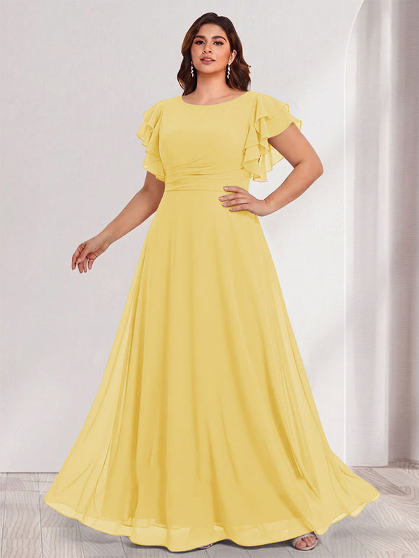 A-Line/Princess Scoop Short Sleeves Floor-Length Plus Size Bridesmaid Dresses with Ruffles & Ruched