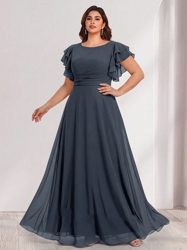 A-Line/Princess Scoop Short Sleeves Floor-Length Plus Size Bridesmaid Dresses with Ruffles &amp; Ruched