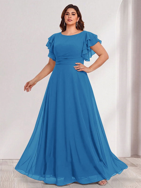 A-Line/Princess Scoop Short Sleeves Floor-Length Plus Size Bridesmaid Dresses with Ruffles & Ruched