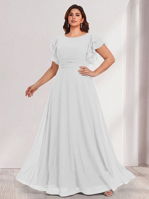 A-Line/Princess Scoop Short Sleeves Floor-Length Plus Size Bridesmaid Dresses with Ruffles & Ruched