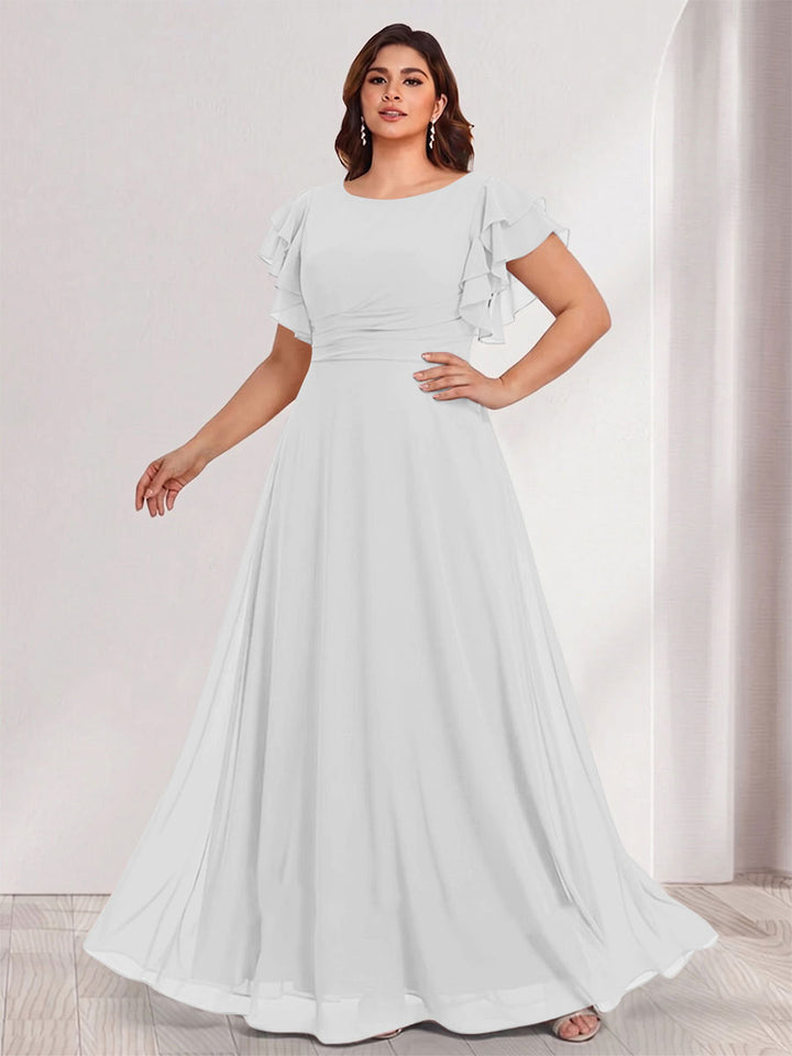 A-Line/Princess Scoop Short Sleeves Floor-Length Plus Size Bridesmaid Dresses with Ruffles &amp; Ruched