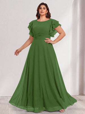 A-Line/Princess Scoop Short Sleeves Floor-Length Plus Size Bridesmaid Dresses with Ruffles & Ruched