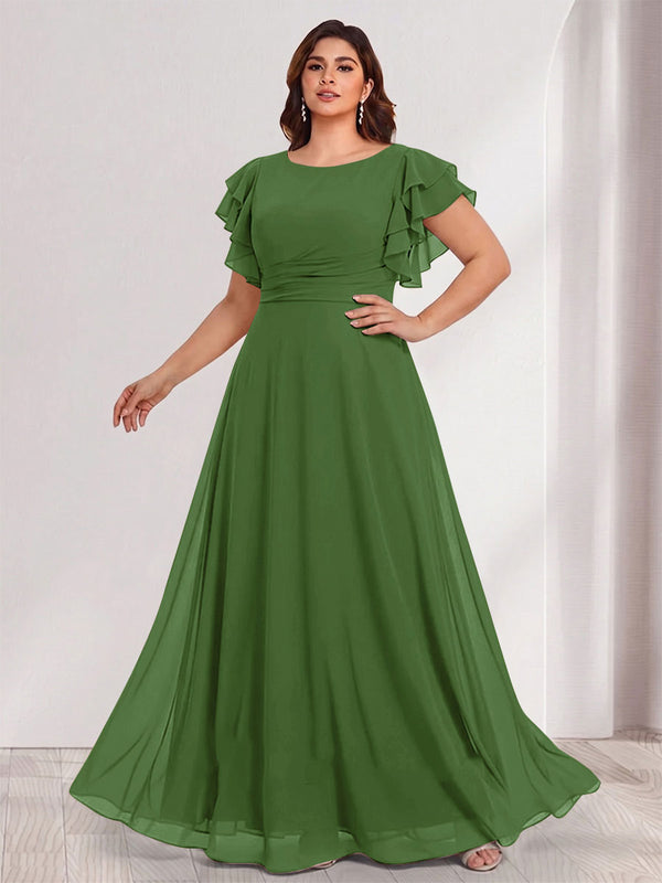 A-Line/Princess Scoop Short Sleeves Floor-Length Plus Size Bridesmaid Dresses with Ruffles & Ruched