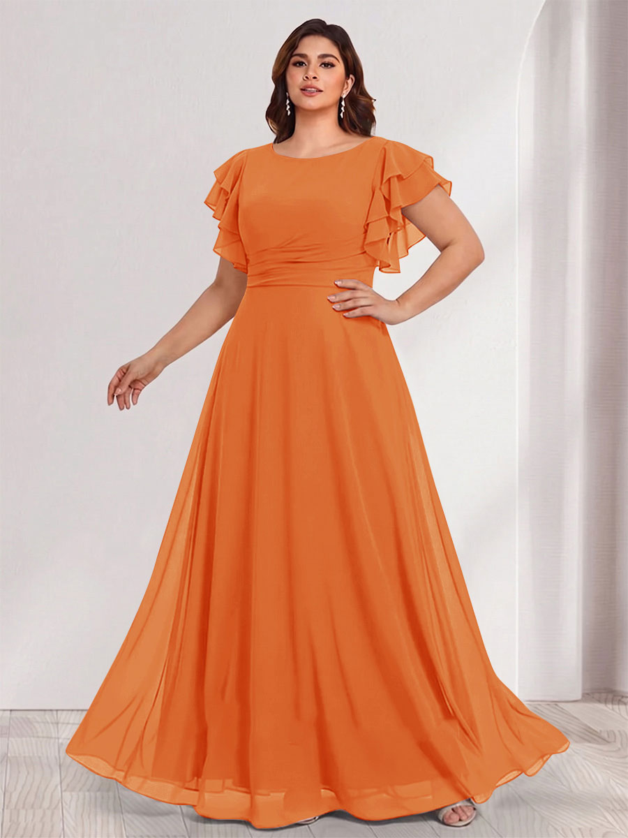 A-Line/Princess Scoop Short Sleeves Floor-Length Plus Size Bridesmaid Dresses with Ruffles &amp; Ruched