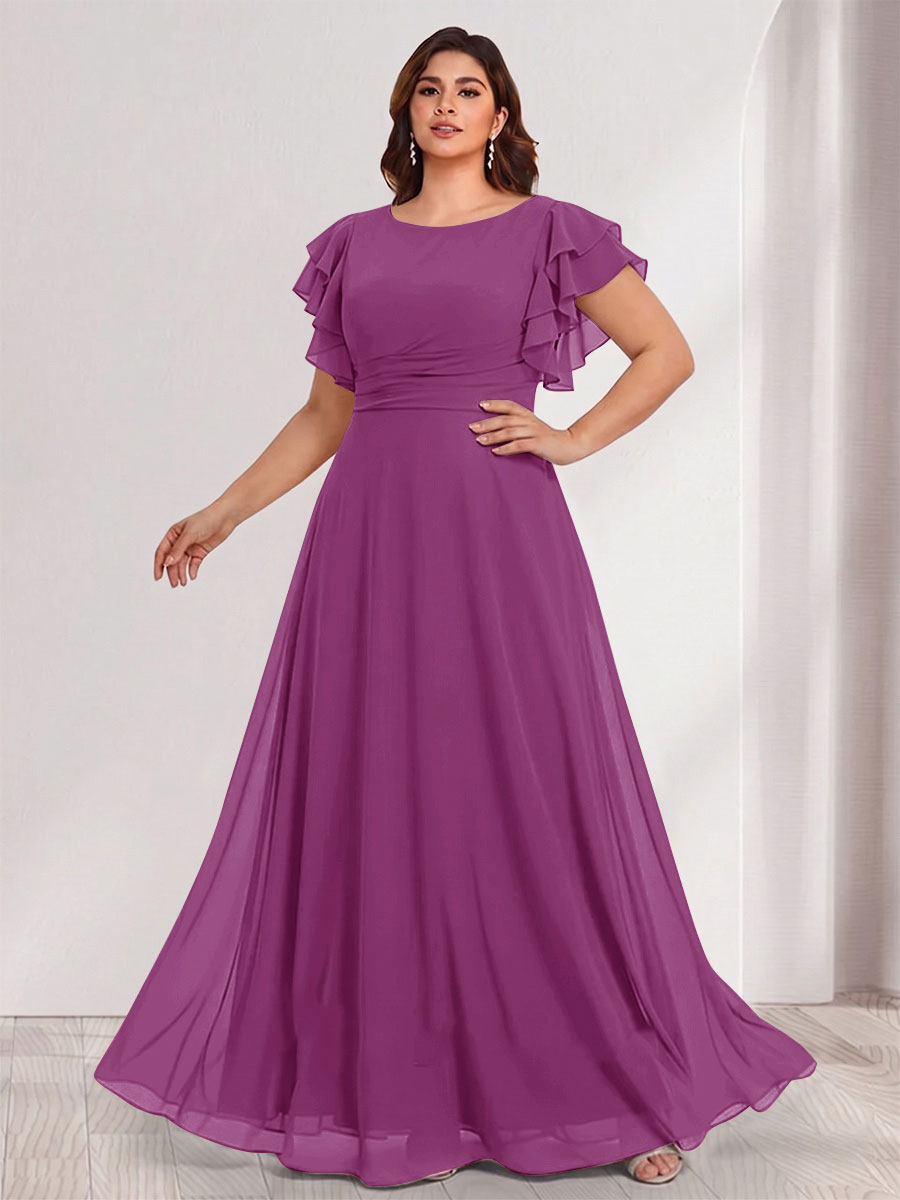 A-Line/Princess Scoop Short Sleeves Floor-Length Plus Size Bridesmaid Dresses with Ruffles &amp; Ruched