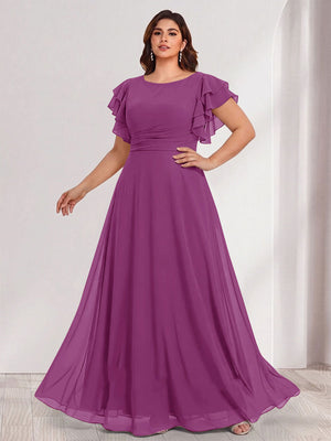 A-Line/Princess Scoop Short Sleeves Floor-Length Plus Size Bridesmaid Dresses with Ruffles & Ruched