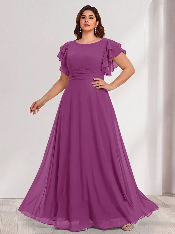 A-Line/Princess Scoop Short Sleeves Floor-Length Plus Size Bridesmaid Dresses with Ruffles & Ruched