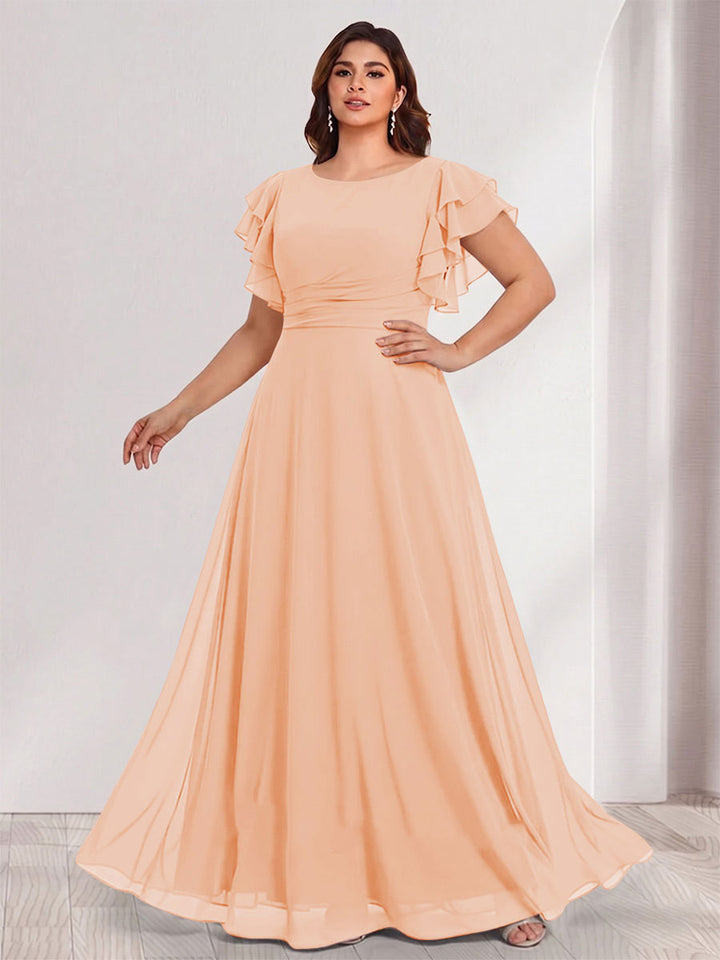 A-Line/Princess Scoop Short Sleeves Floor-Length Plus Size Bridesmaid Dresses with Ruffles &amp; Ruched