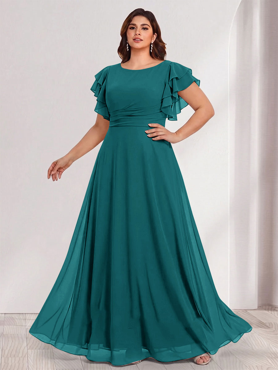 A-Line/Princess Scoop Short Sleeves Floor-Length Plus Size Bridesmaid Dresses with Ruffles &amp; Ruched
