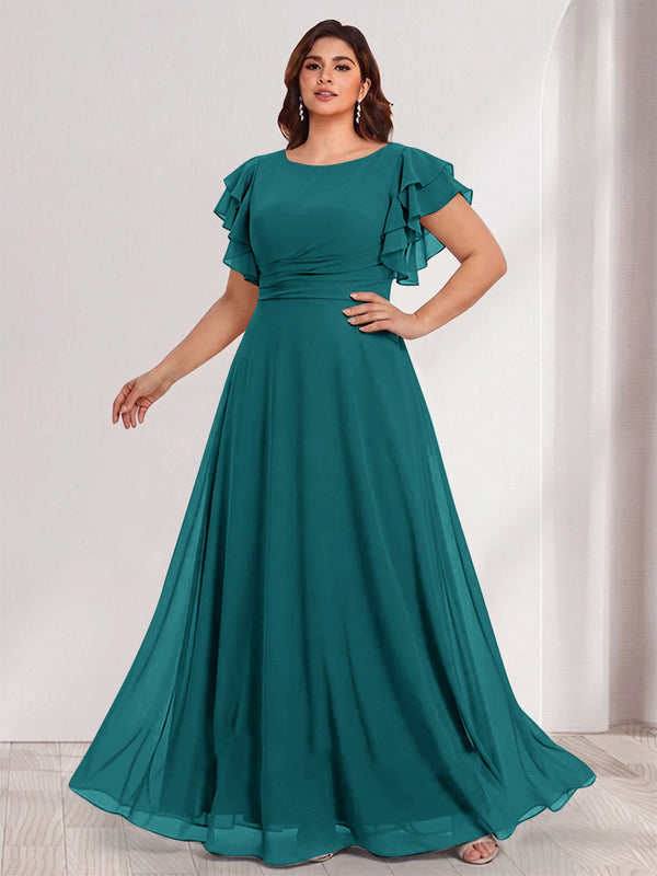 A-Line/Princess Scoop Short Sleeves Floor-Length Plus Size Bridesmaid Dresses with Ruffles & Ruched
