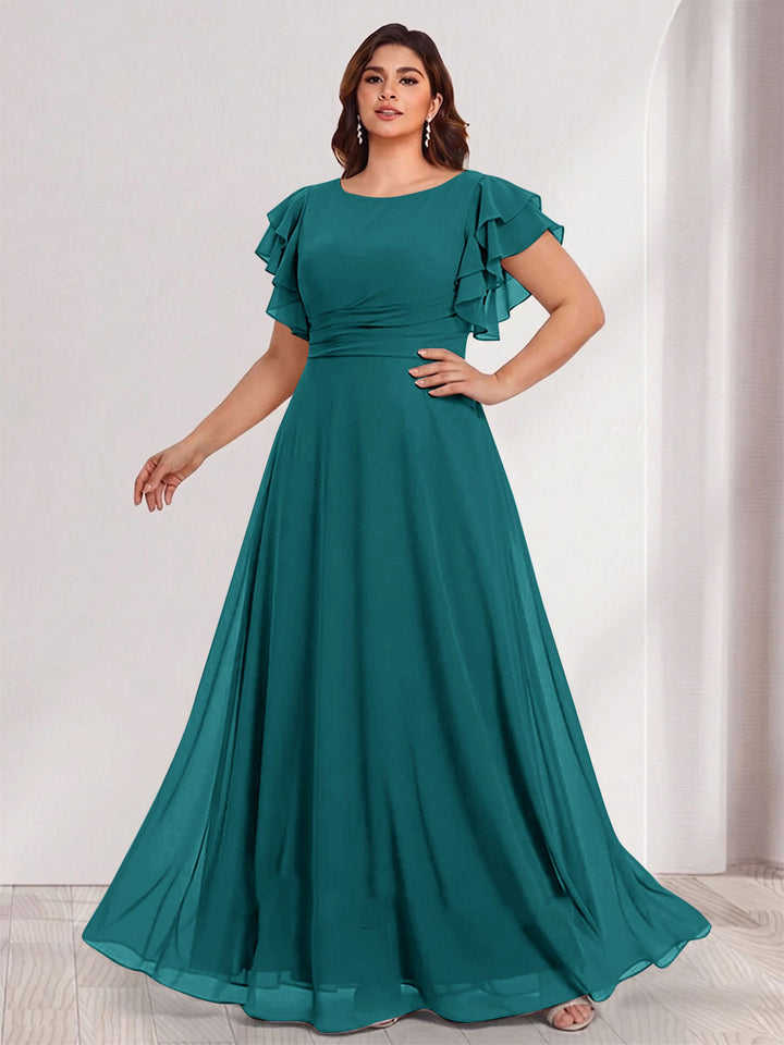A-Line/Princess Scoop Short Sleeves Floor-Length Plus Size Bridesmaid Dresses with Ruffles &amp; Ruched