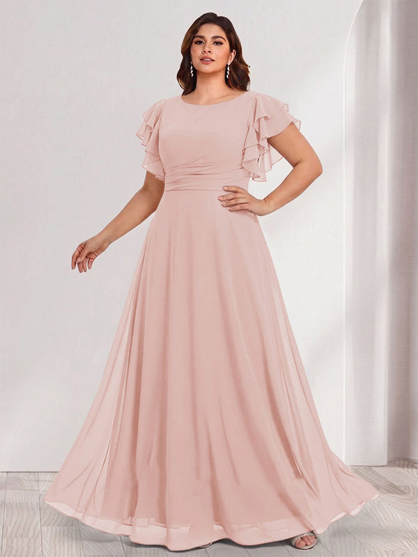 A-Line/Princess Scoop Short Sleeves Floor-Length Plus Size Bridesmaid Dresses with Ruffles & Ruched