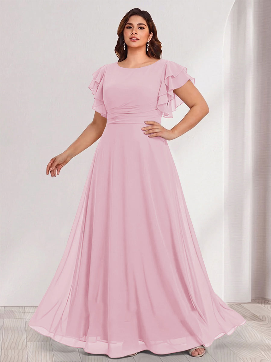 A-Line/Princess Scoop Short Sleeves Floor-Length Plus Size Bridesmaid Dresses with Ruffles &amp; Ruched