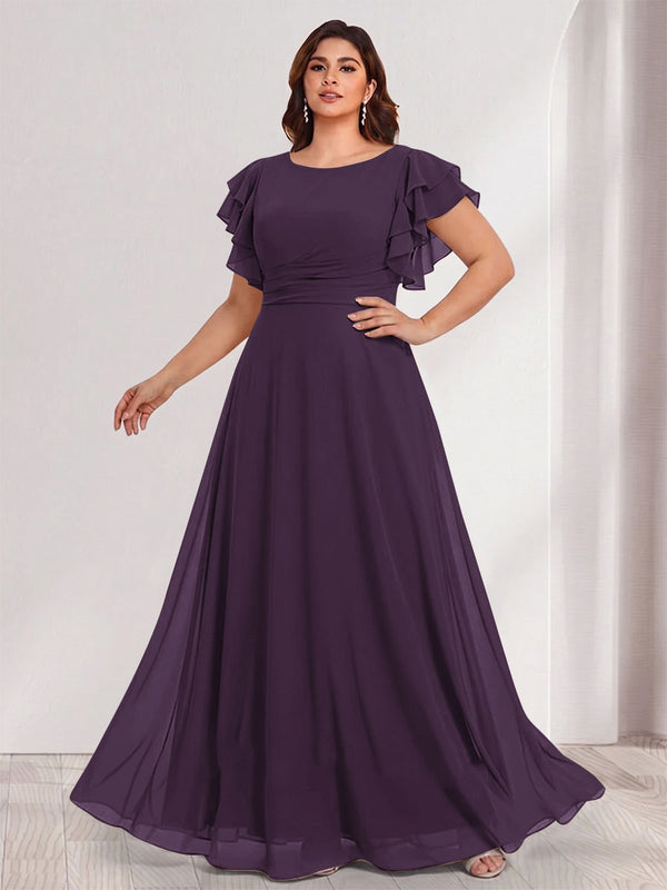 A-Line/Princess Scoop Short Sleeves Floor-Length Plus Size Bridesmaid Dresses with Ruffles & Ruched