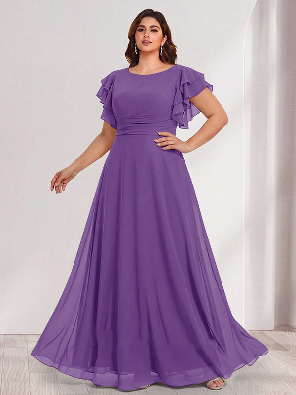 A-Line/Princess Scoop Short Sleeves Floor-Length Plus Size Bridesmaid Dresses with Ruffles & Ruched