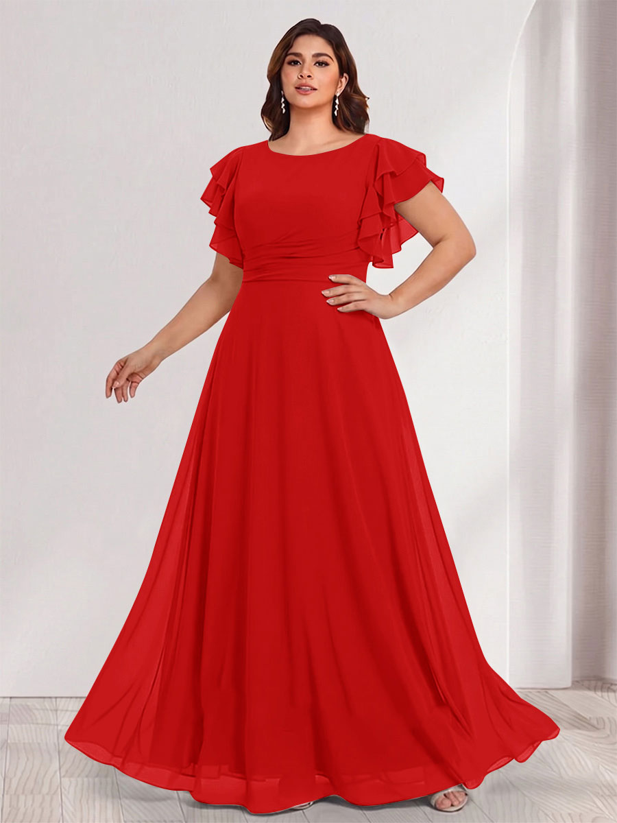 A-Line/Princess Scoop Short Sleeves Floor-Length Plus Size Bridesmaid Dresses with Ruffles &amp; Ruched