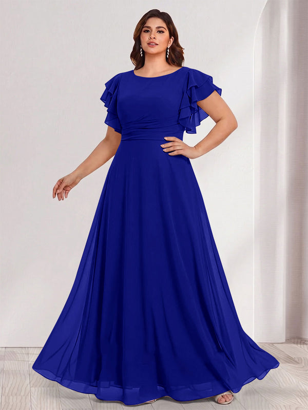 A-Line/Princess Scoop Short Sleeves Floor-Length Plus Size Bridesmaid Dresses with Ruffles & Ruched
