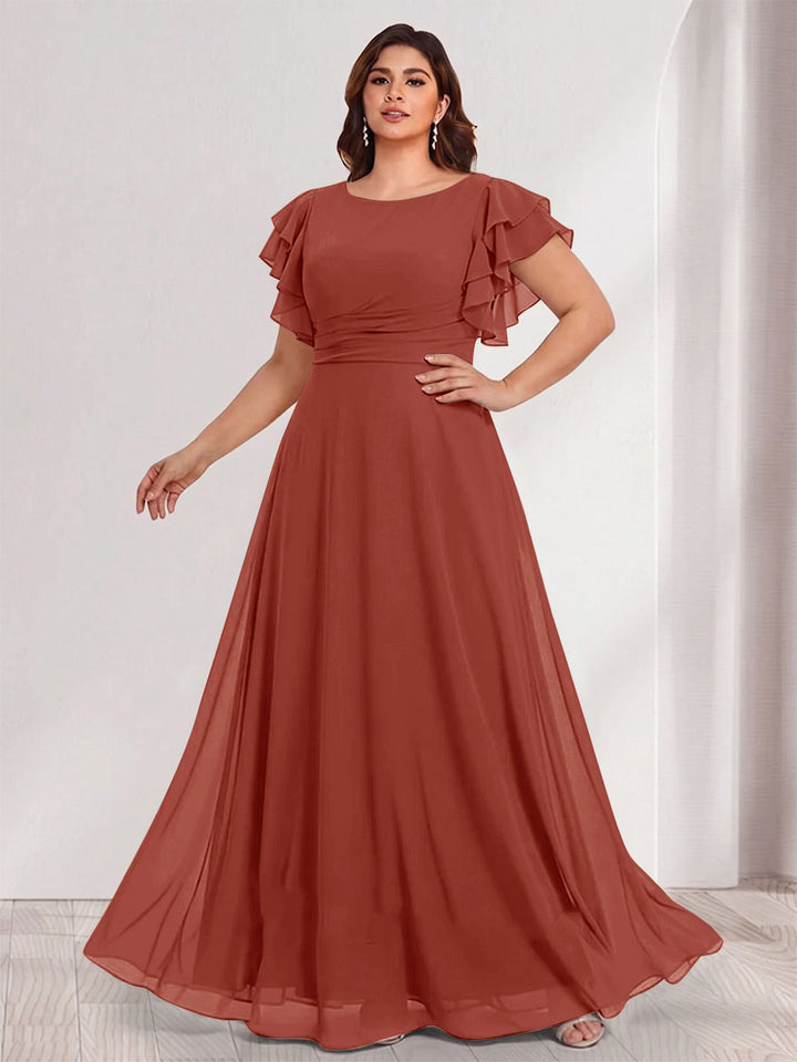 A-Line/Princess Scoop Short Sleeves Floor-Length Plus Size Bridesmaid Dresses with Ruffles &amp; Ruched