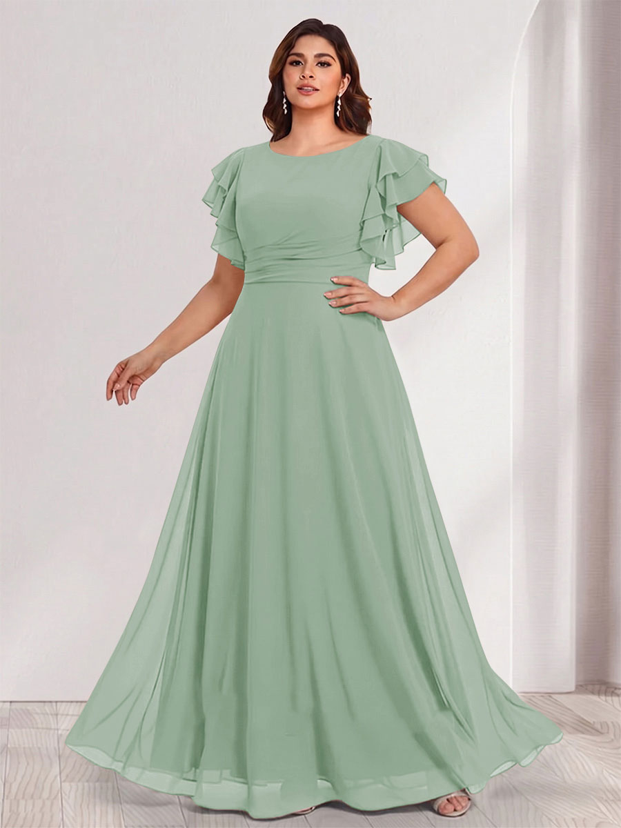 A-Line/Princess Scoop Short Sleeves Floor-Length Plus Size Bridesmaid Dresses with Ruffles &amp; Ruched