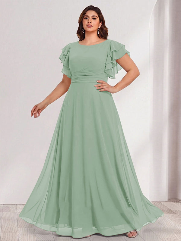 A-Line/Princess Scoop Short Sleeves Floor-Length Plus Size Bridesmaid Dresses with Ruffles & Ruched
