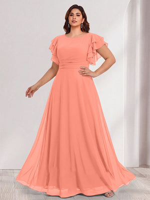 A-Line/Princess Scoop Short Sleeves Floor-Length Plus Size Bridesmaid Dresses with Ruffles & Ruched
