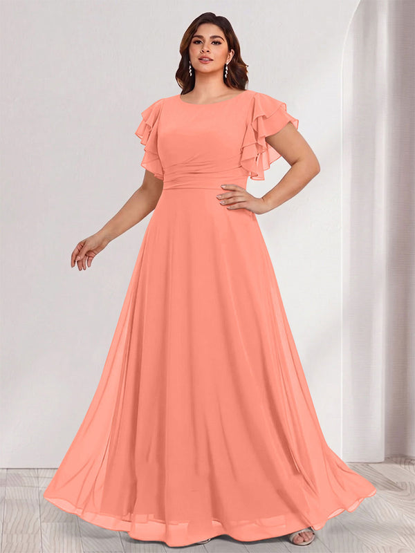 A-Line/Princess Scoop Short Sleeves Floor-Length Plus Size Bridesmaid Dresses with Ruffles & Ruched
