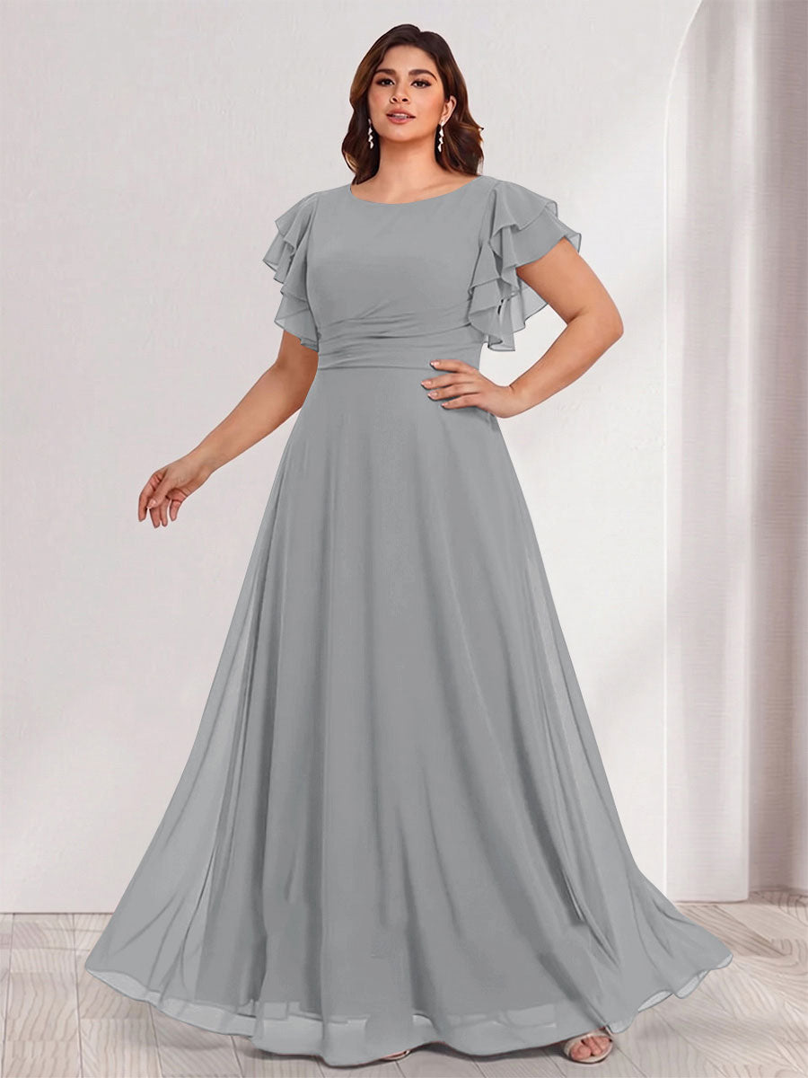 A-Line/Princess Scoop Short Sleeves Floor-Length Plus Size Bridesmaid Dresses with Ruffles &amp; Ruched