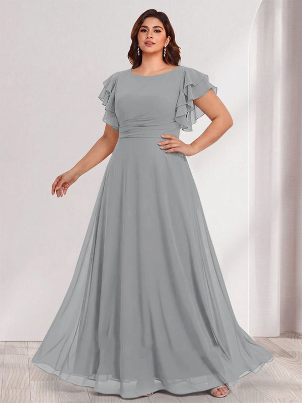 A-Line/Princess Scoop Short Sleeves Floor-Length Plus Size Bridesmaid Dresses with Ruffles & Ruched