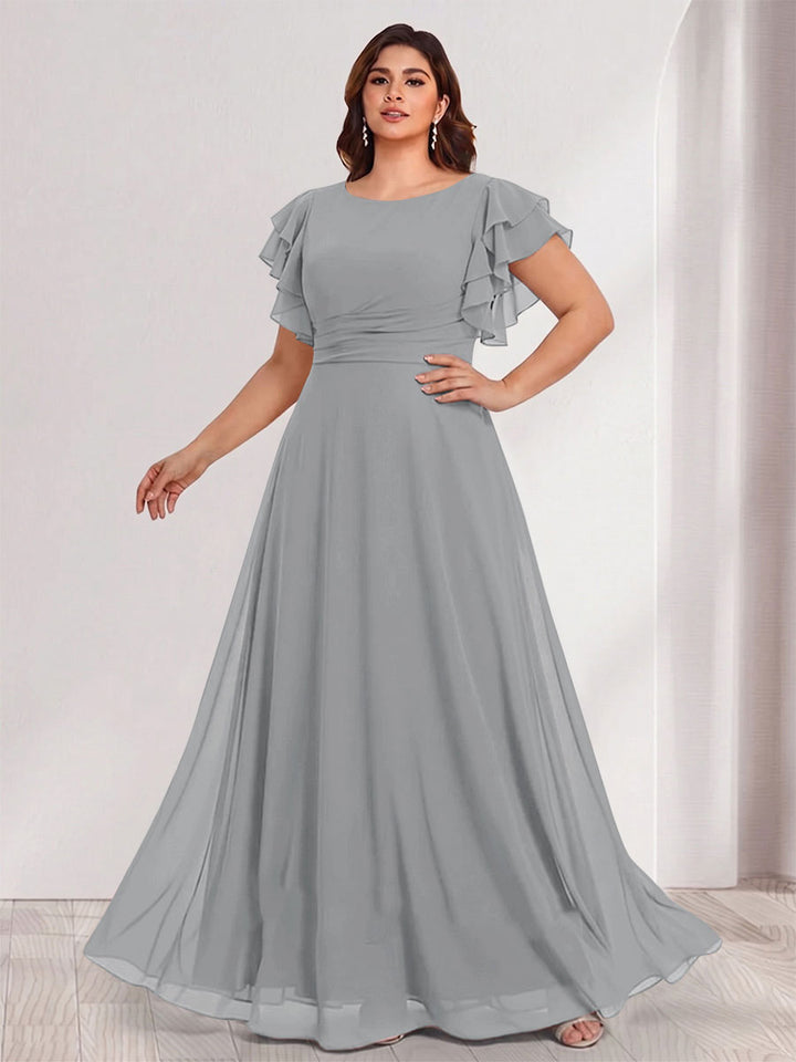 A-Line/Princess Scoop Short Sleeves Floor-Length Plus Size Bridesmaid Dresses with Ruffles &amp; Ruched