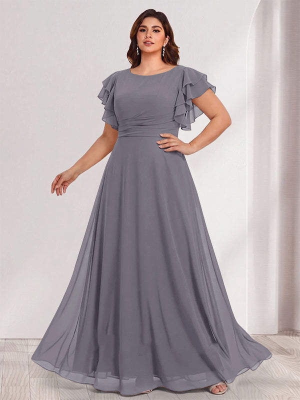A-Line/Princess Scoop Short Sleeves Floor-Length Plus Size Bridesmaid Dresses with Ruffles & Ruched