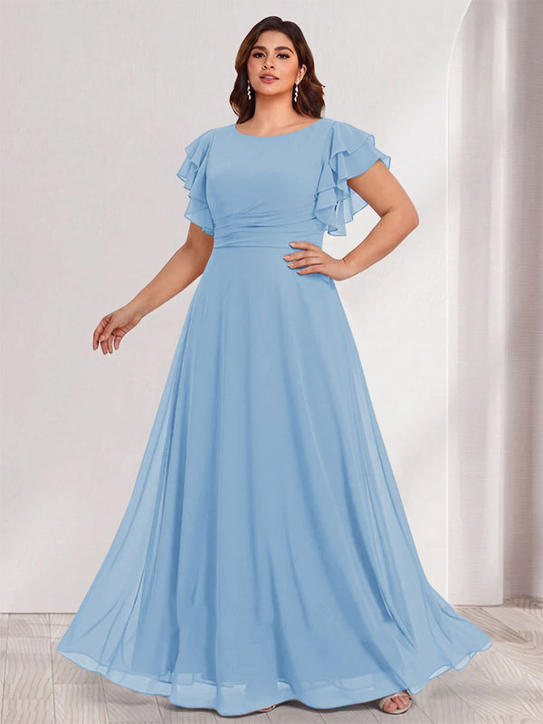 A-Line/Princess Scoop Short Sleeves Floor-Length Plus Size Bridesmaid Dresses with Ruffles & Ruched