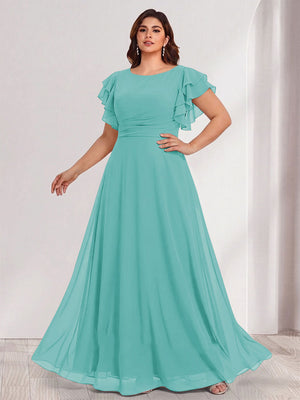 A-Line/Princess Scoop Short Sleeves Floor-Length Plus Size Bridesmaid Dresses with Ruffles & Ruched
