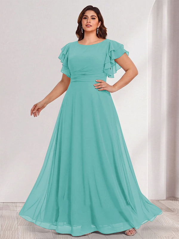 A-Line/Princess Scoop Short Sleeves Floor-Length Plus Size Bridesmaid Dresses with Ruffles & Ruched