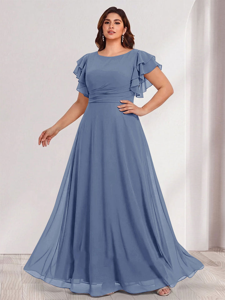 A-Line/Princess Scoop Short Sleeves Floor-Length Plus Size Bridesmaid Dresses with Ruffles &amp; Ruched