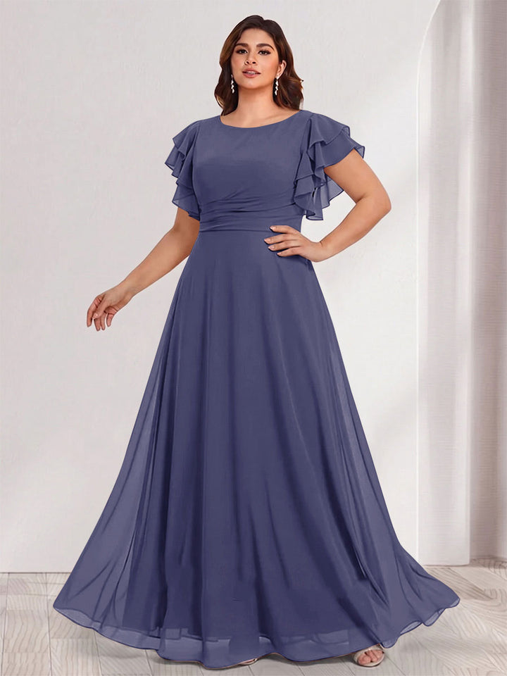 A-Line/Princess Scoop Short Sleeves Floor-Length Plus Size Bridesmaid Dresses with Ruffles &amp; Ruched
