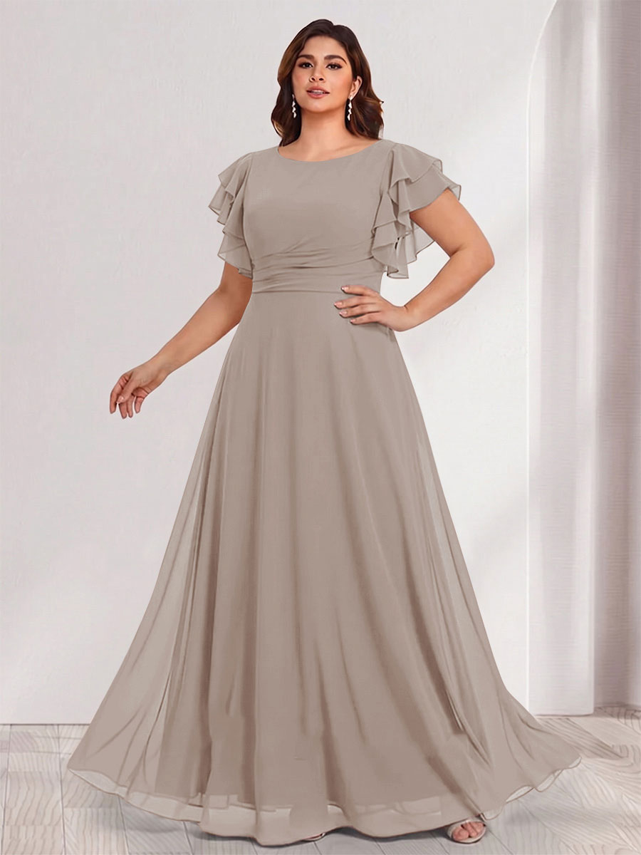 A-Line/Princess Scoop Short Sleeves Floor-Length Plus Size Bridesmaid Dresses with Ruffles &amp; Ruched