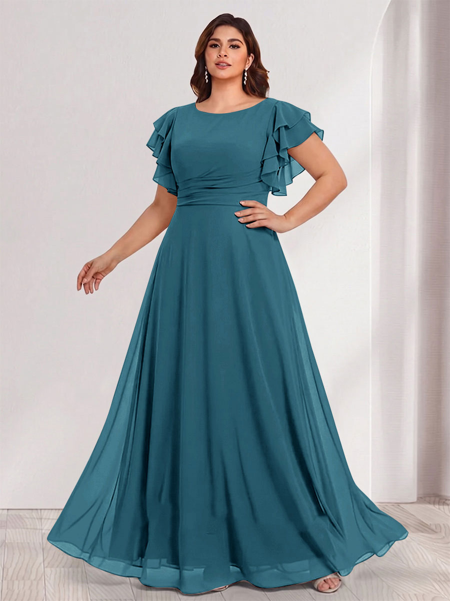 A-Line/Princess Scoop Short Sleeves Floor-Length Plus Size Bridesmaid Dresses with Ruffles &amp; Ruched