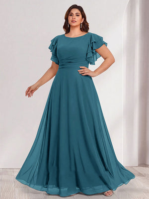 A-Line/Princess Scoop Short Sleeves Floor-Length Plus Size Bridesmaid Dresses with Ruffles & Ruched