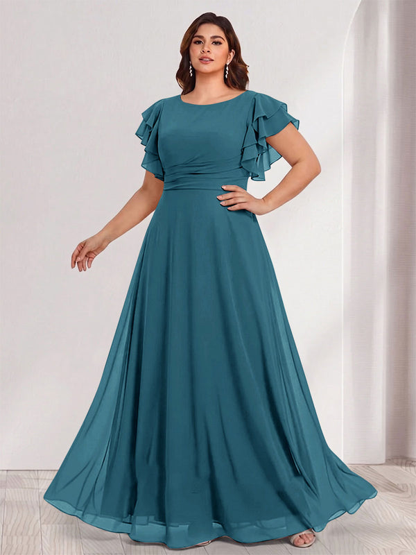 A-Line/Princess Scoop Short Sleeves Floor-Length Plus Size Bridesmaid Dresses with Ruffles & Ruched