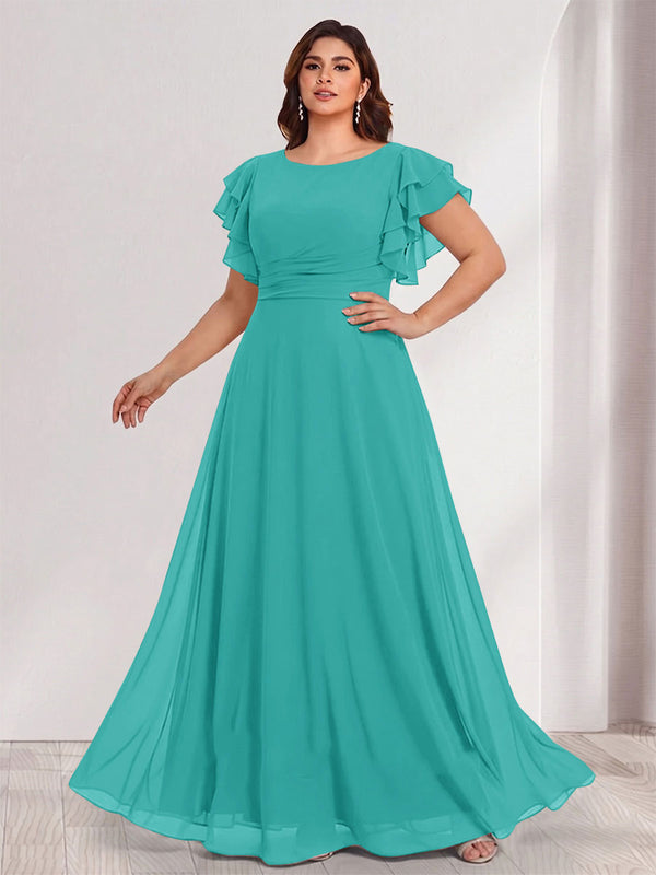 A-Line/Princess Scoop Short Sleeves Floor-Length Plus Size Bridesmaid Dresses with Ruffles & Ruched
