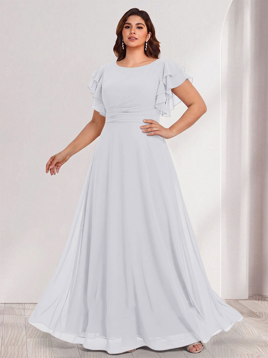 A-Line/Princess Scoop Short Sleeves Floor-Length Plus Size Bridesmaid Dresses with Ruffles &amp; Ruched