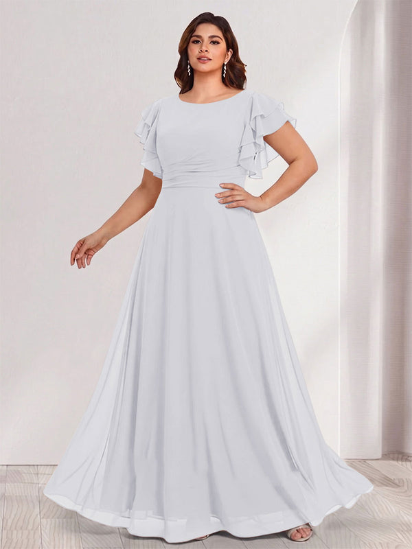 A-Line/Princess Scoop Short Sleeves Floor-Length Plus Size Bridesmaid Dresses with Ruffles & Ruched
